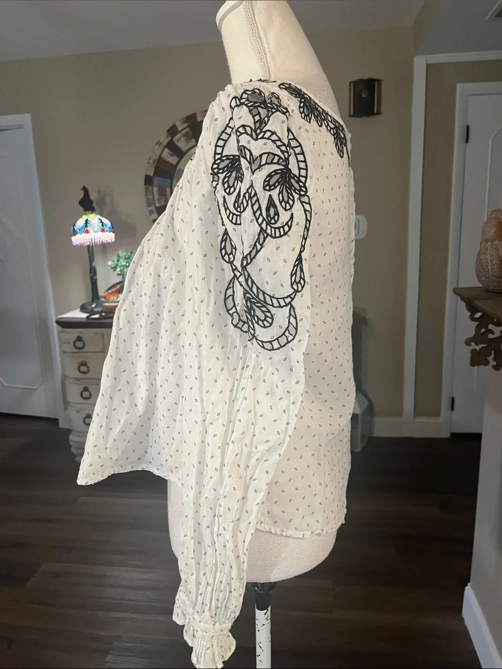 Free People White Blouse with Black Embroidered Yoke